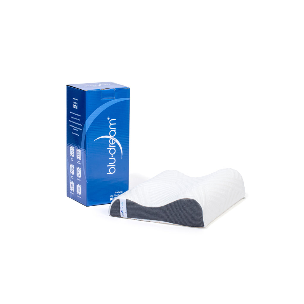Almohada cervical ergonómica con dos alturas, ideal para alinear cuello y columna, con funda hipoalergénica lavable. 