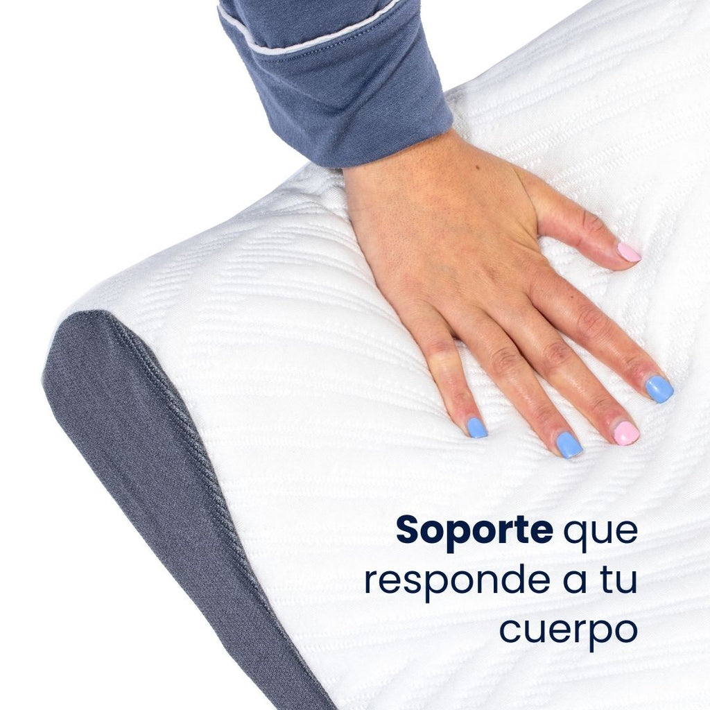 Almohada cervical ergonómica con dos alturas, ideal para alinear cuello y columna, con funda hipoalergénica lavable, soporte que responde a tu cuerpo.