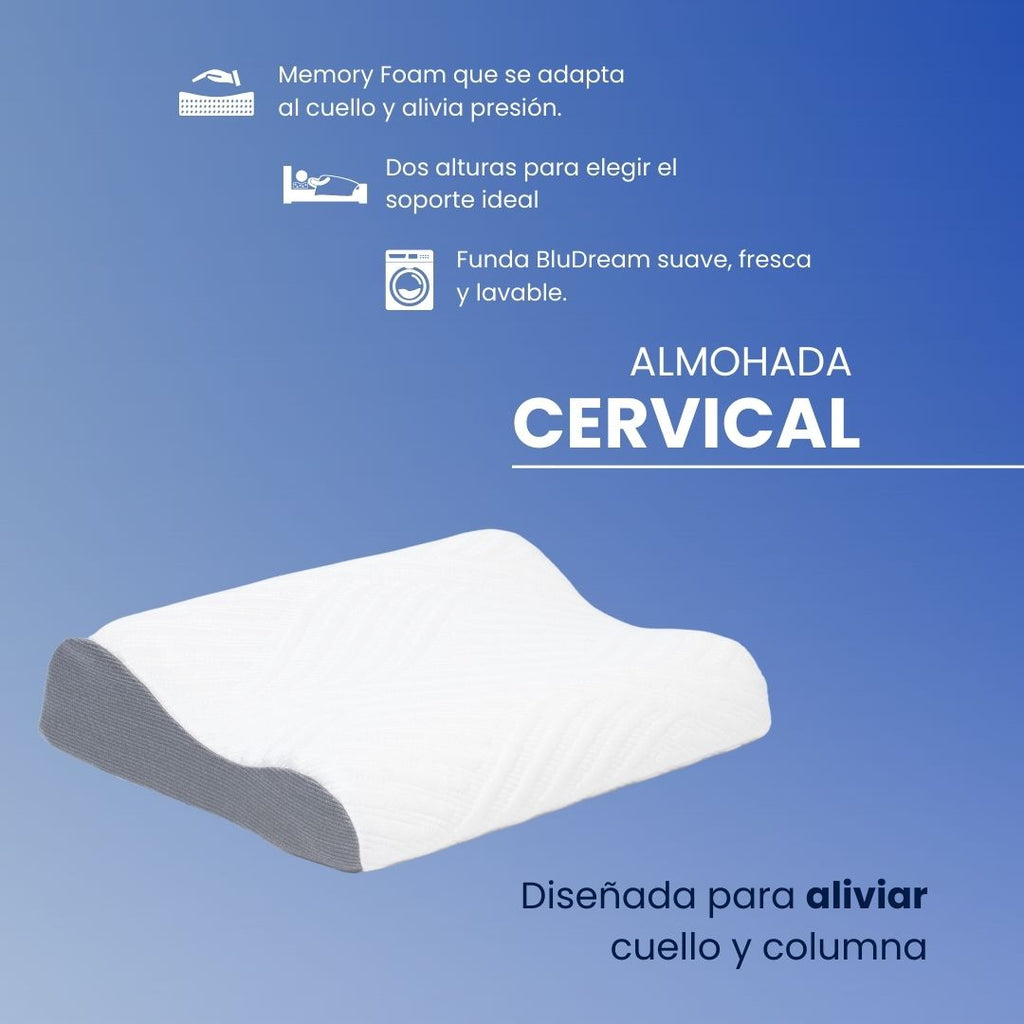 Almohada cervical ergonómica con dos alturas, ideal para alinear cuello y columna, con funda hipoalergénica lavable. Dos alturas para elegir el soporte ideal.
