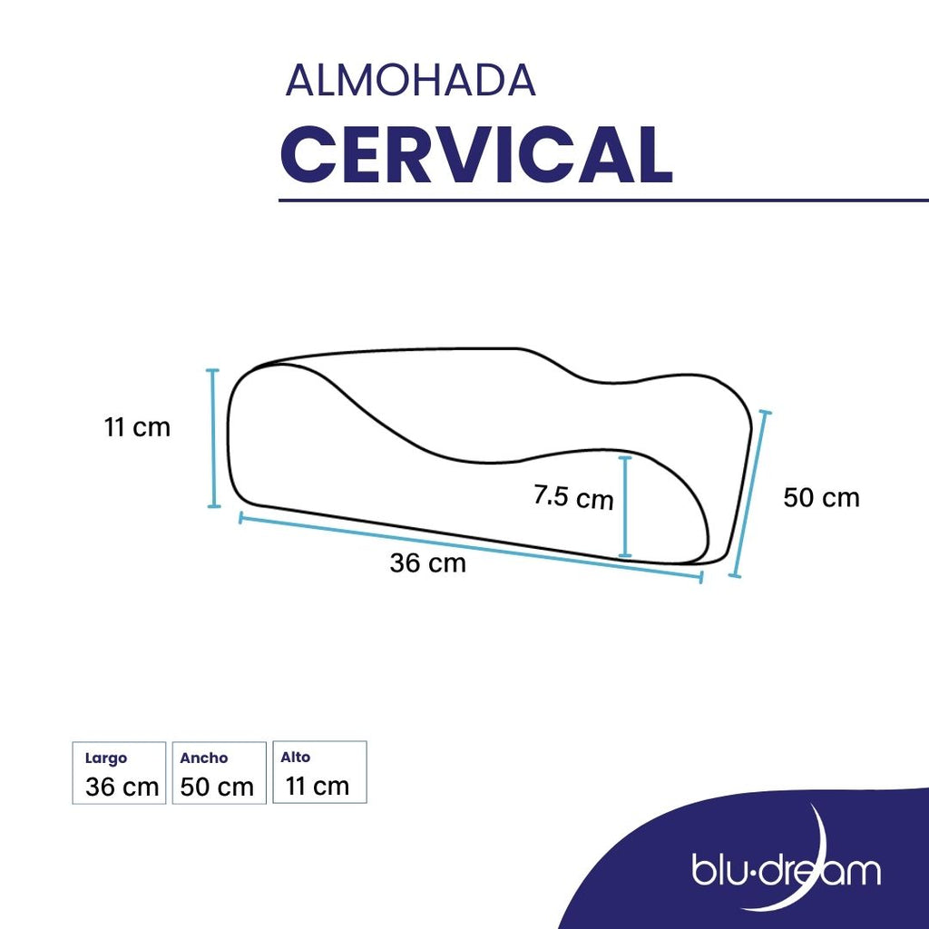 Almohada cervical ergonómica con dos alturas, ideal para alinear cuello y columna, con funda hipoalergénica lavable. Medidas 50x36x11cm
