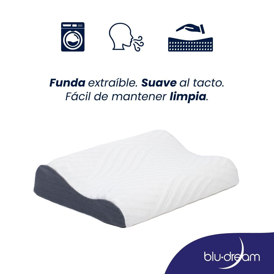 Almohada cervical ergonómica con dos alturas, ideal para alinear cuello y columna, con funda hipoalergénica lavable, suave al tacto.