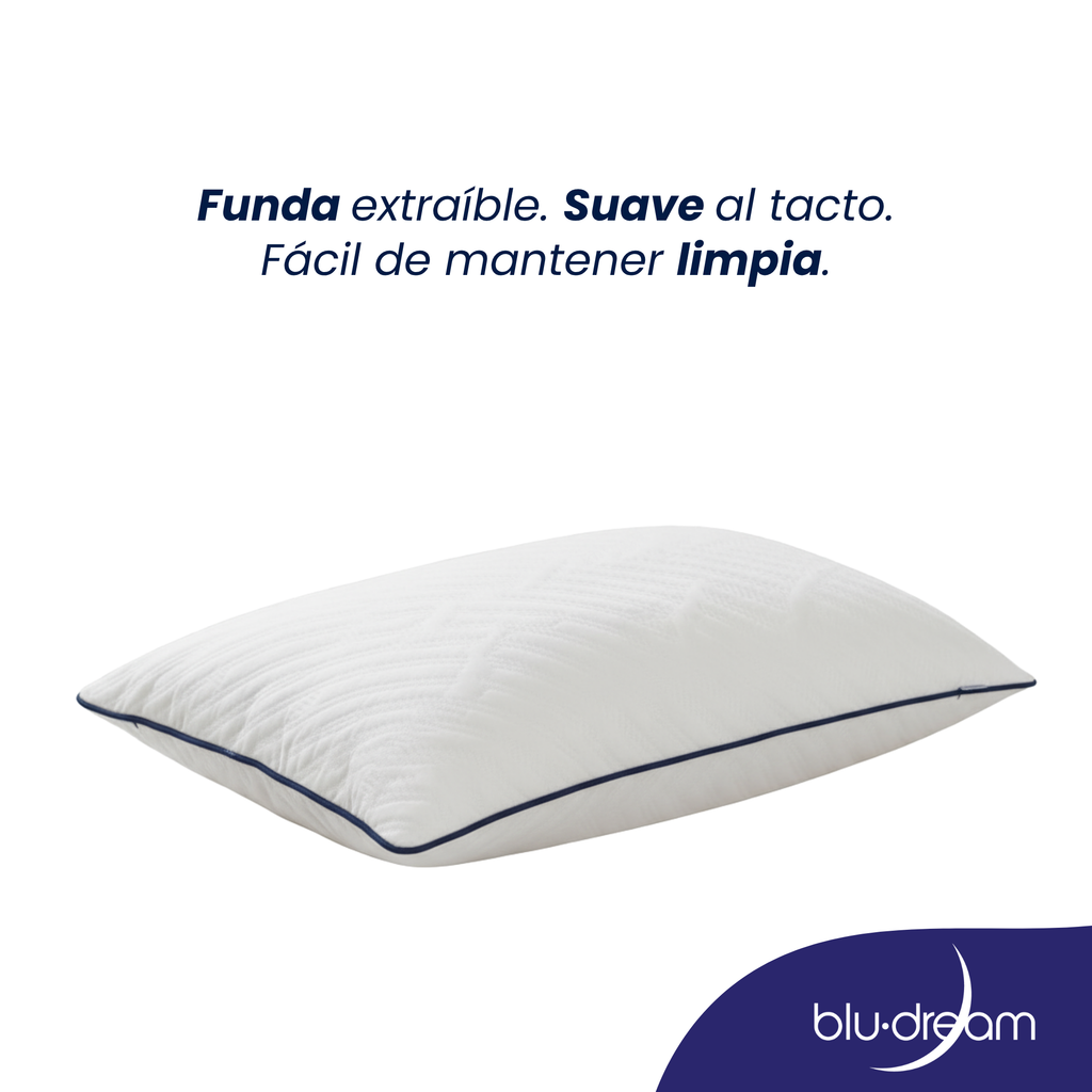 Almohada BluDream Individual Ajustable de memory foam, personalizable en altura y firmeza para descanso ergonómico, funda bludream, suave y fácil de limpiar.