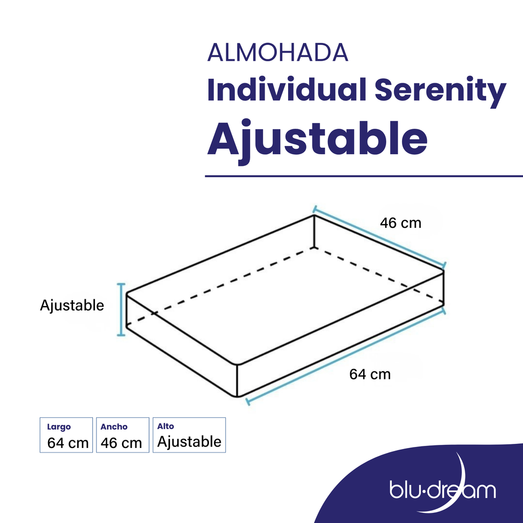 Almohada BluDream Individual Ajustable de memory foam, personalizable en altura y firmeza para descanso ergonómico. Medidas: 64x46cm