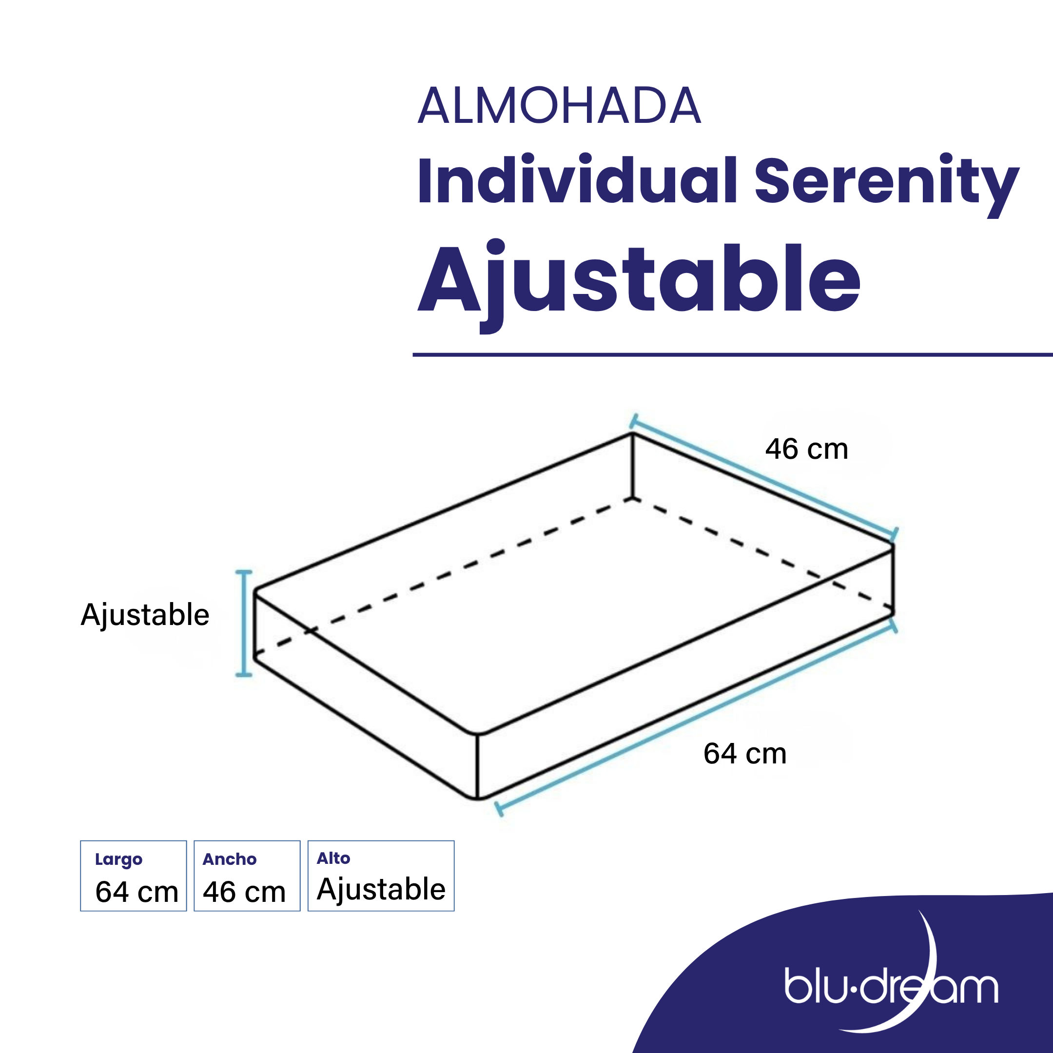Almohada BluDream Individual Ajustable de memory foam, personalizable en altura y firmeza para descanso ergonómico. Medidas: 64x46cm