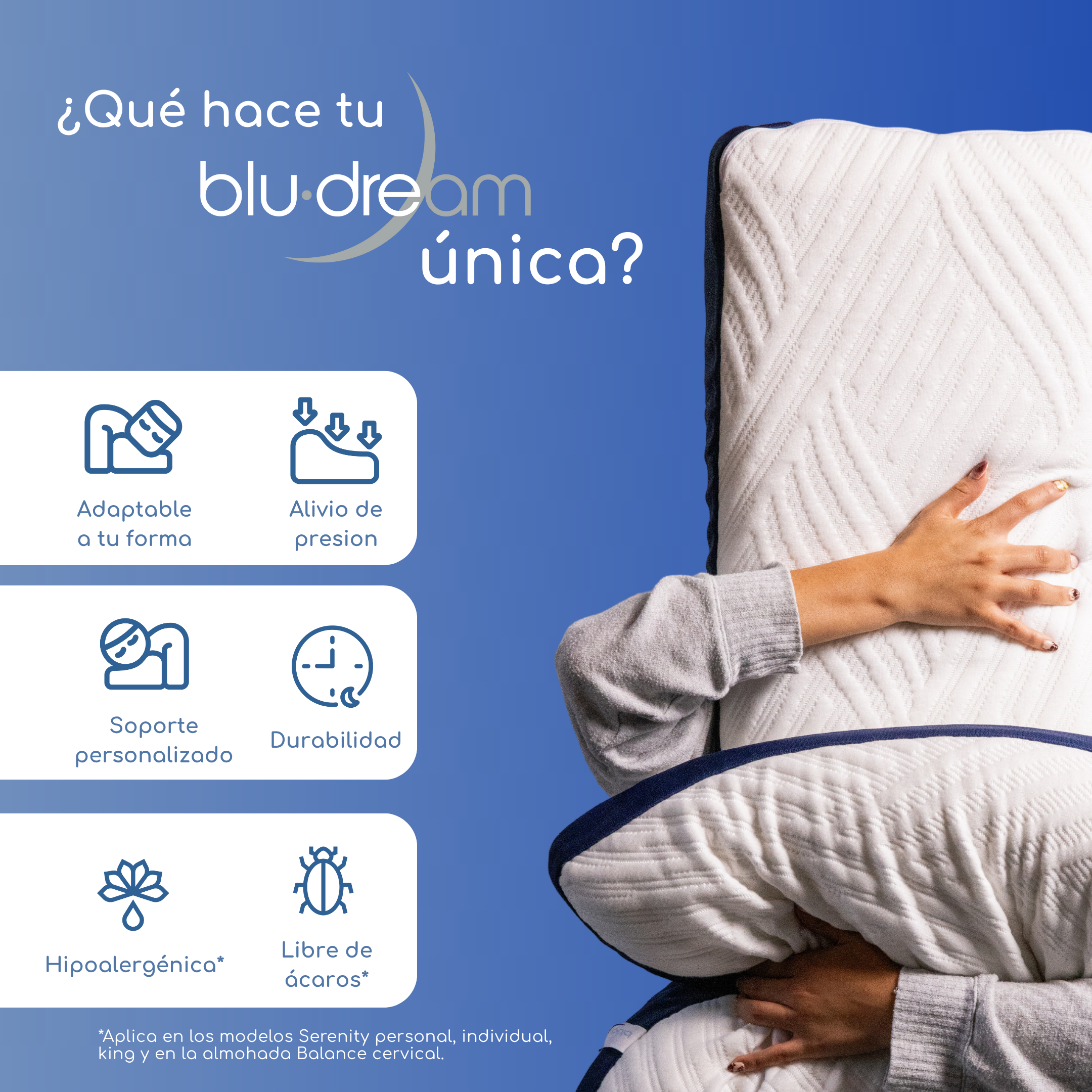 Almohada BluDream Individual Ajustable de memory foam, personalizable en altura y firmeza para descanso ergonómico, hipoalergénica.