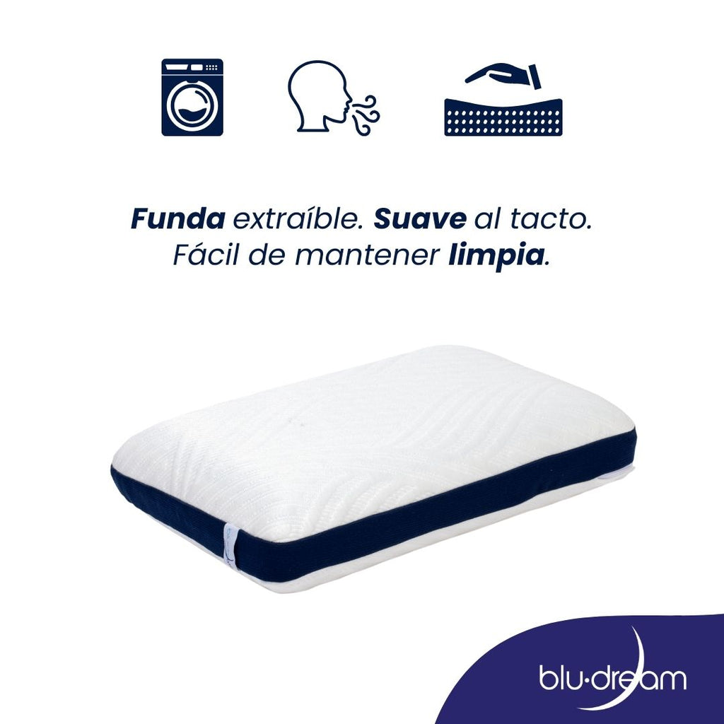 Almohada BluDream Individual CoolRest de memory foam con tecnología de enfriamiento PCM. Funda extraíble, fácil de limpiar.