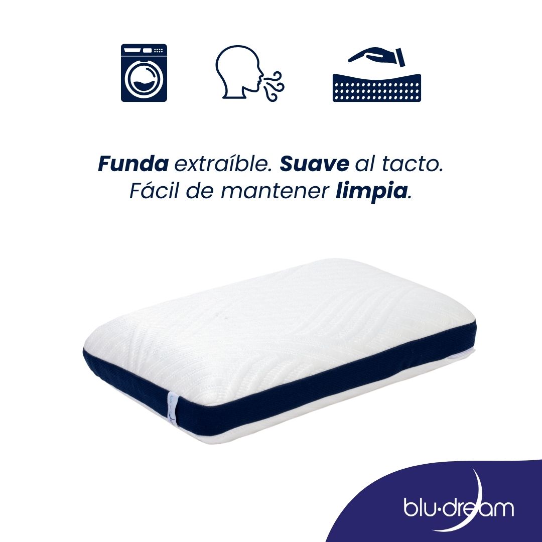 Almohada BluDream Individual CoolRest de memory foam con tecnología de enfriamiento PCM. Funda extraíble, fácil de limpiar.