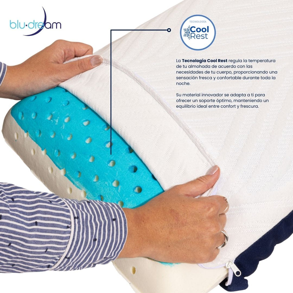 Almohada BluDream Individual CoolRest de memory foam con tecnología de enfriamiento PCM, que regula la temperatura de tu almohada de acuerdo con las necesidades de tu cuerpo.