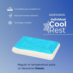 Almohada BluDream Individual CoolRest de memory foam con tecnología de enfriamiento PCM, regula la temperatura para un descanso fresco.