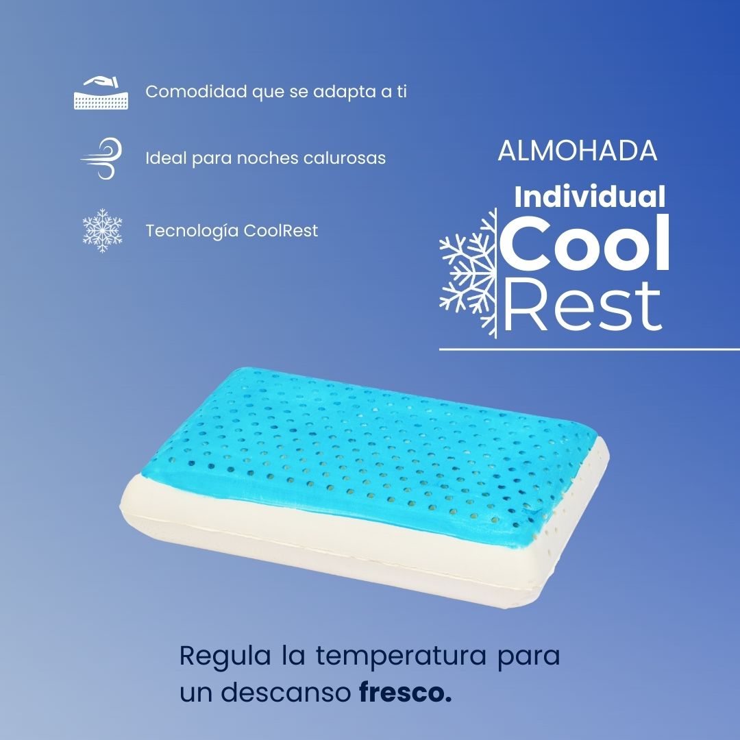 Almohada BluDream Individual CoolRest de memory foam con tecnología de enfriamiento PCM, regula la temperatura para un descanso fresco.