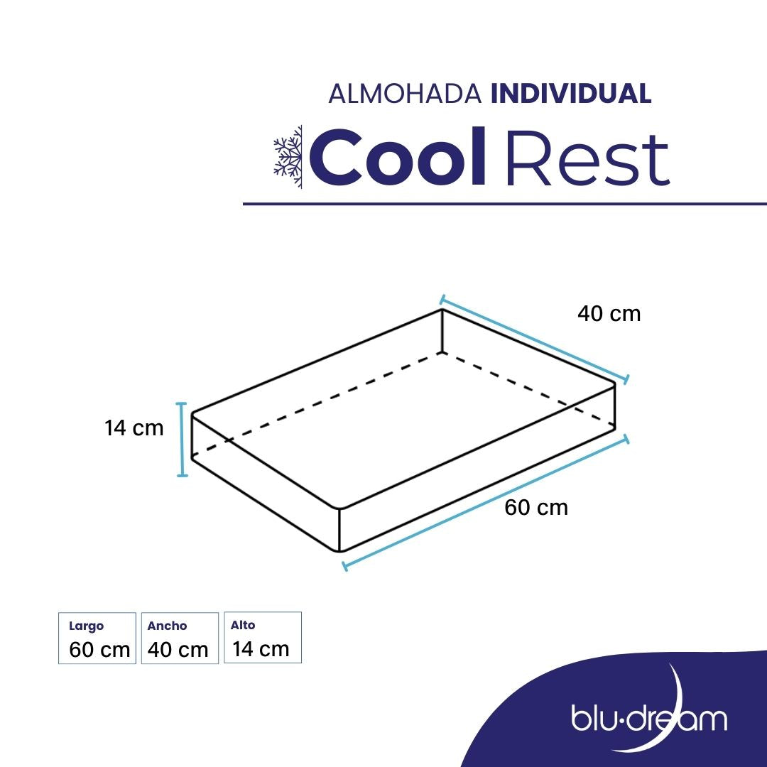 Almohada BluDream Individual CoolRest de memory foam con tecnología de enfriamiento PCM, medidas: 60x40x14cm.