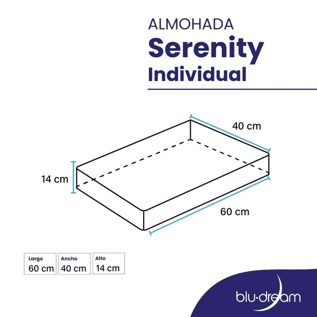 Almohada BluDream Individual Serenity de memory foam, confort ergonómico para descanso reparador. Medidas: 60x40x14cm