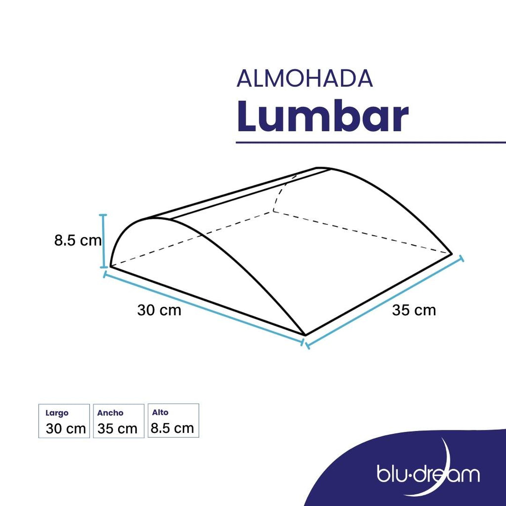 Almohada BluDream Lumbar Balance, soporte ergonómico  específico en la zona lumbar para el alivio de presión. Medidas de la almohada: 35x30x8.5 cm