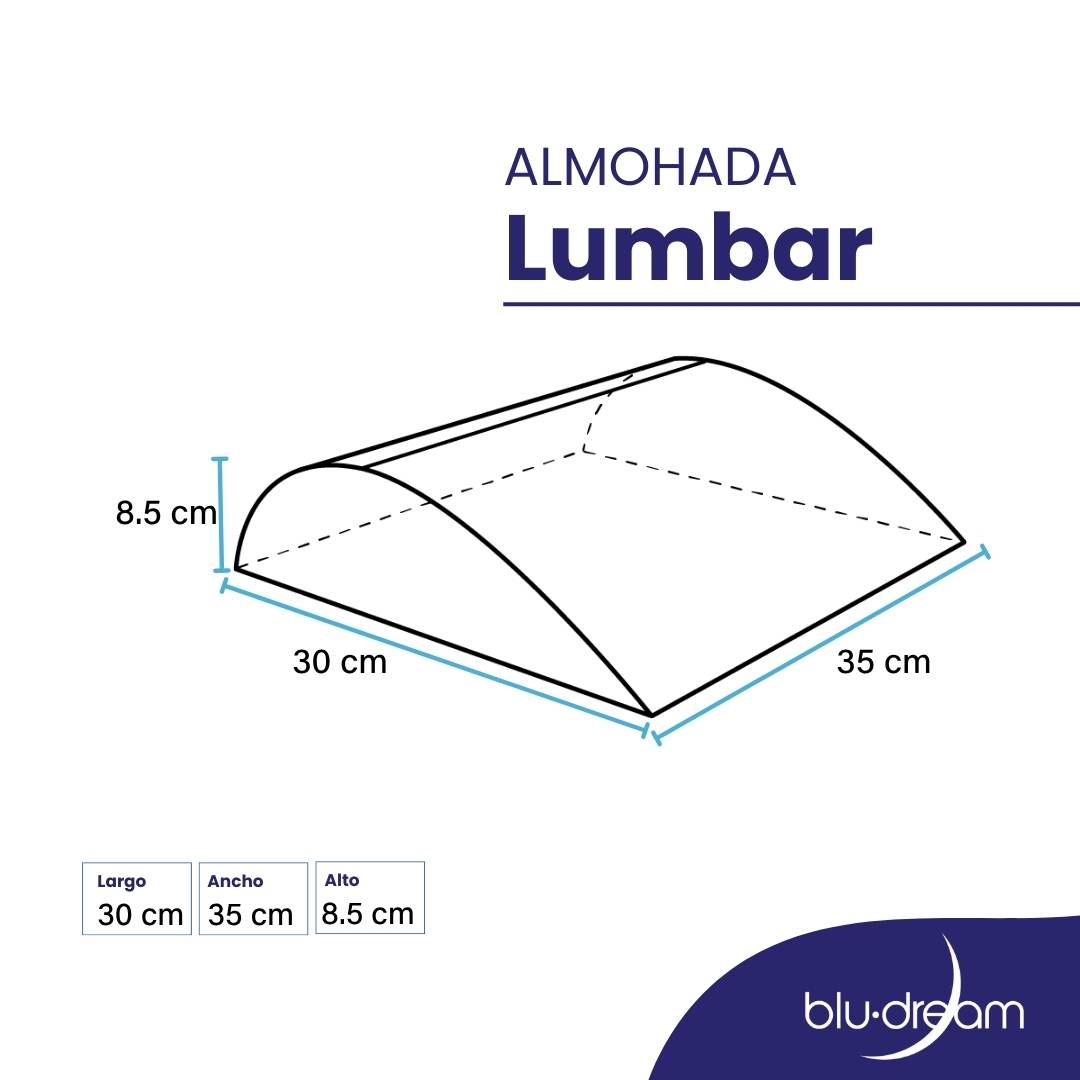 Almohada BluDream Lumbar Balance, soporte ergonómico  específico en la zona lumbar para el alivio de presión. Medidas de la almohada: 35x30x8.5 cm