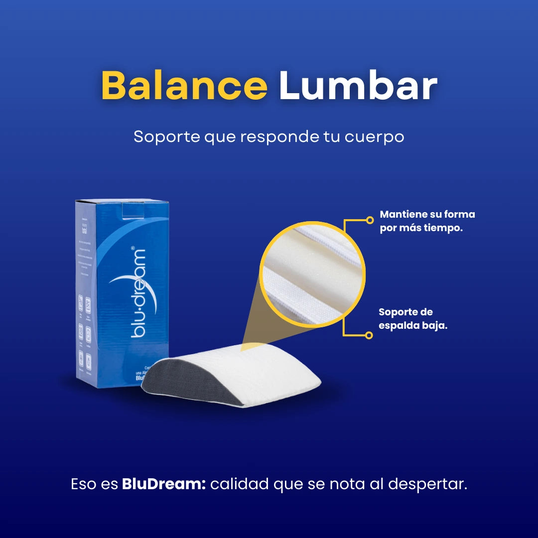 Almohada BluDream Lumbar Balance, soporte ergonómico  específico en la zona lumbar para el alivio de presión, su relleno, fabricado con TechFoam, una espuma de última generación que ofrece un equilibrio perfecto. Ideal para sillas, cama o viaje. Compacta, firme y lavable.