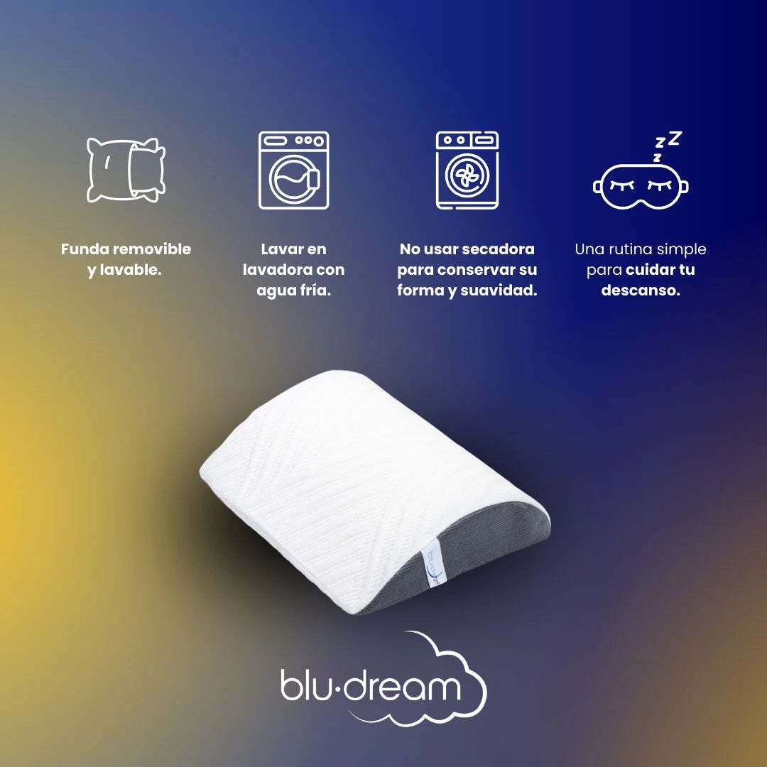 Almohada BluDream Lumbar Balance, soporte ergonómico  específico en la zona lumbar para el alivio de presión, su relleno, fabricado con TechFoam, una espuma de última generación que ofrece un equilibrio perfecto. Ideal para sillas, cama o viaje. Compacta, firme y lavable.