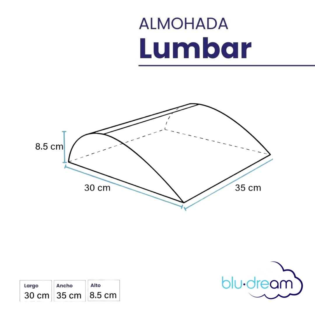 Almohada BluDream Lumbar Balance, soporte ergonómico  específico en la zona lumbar para el alivio de presión, su relleno, fabricado con TechFoam, una espuma de última generación que ofrece un equilibrio perfecto. Ideal para sillas, cama o viaje. Compacta, firme y lavable.