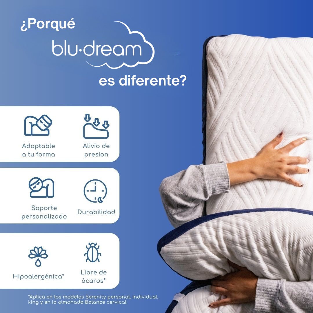Almohada BluDream Lumbar Balance, soporte ergonómico  específico en la zona lumbar para el alivio de presión, su relleno, fabricado con TechFoam, una espuma de última generación que ofrece un equilibrio perfecto. Ideal para sillas, cama o viaje. Compacta, firme y lavable.