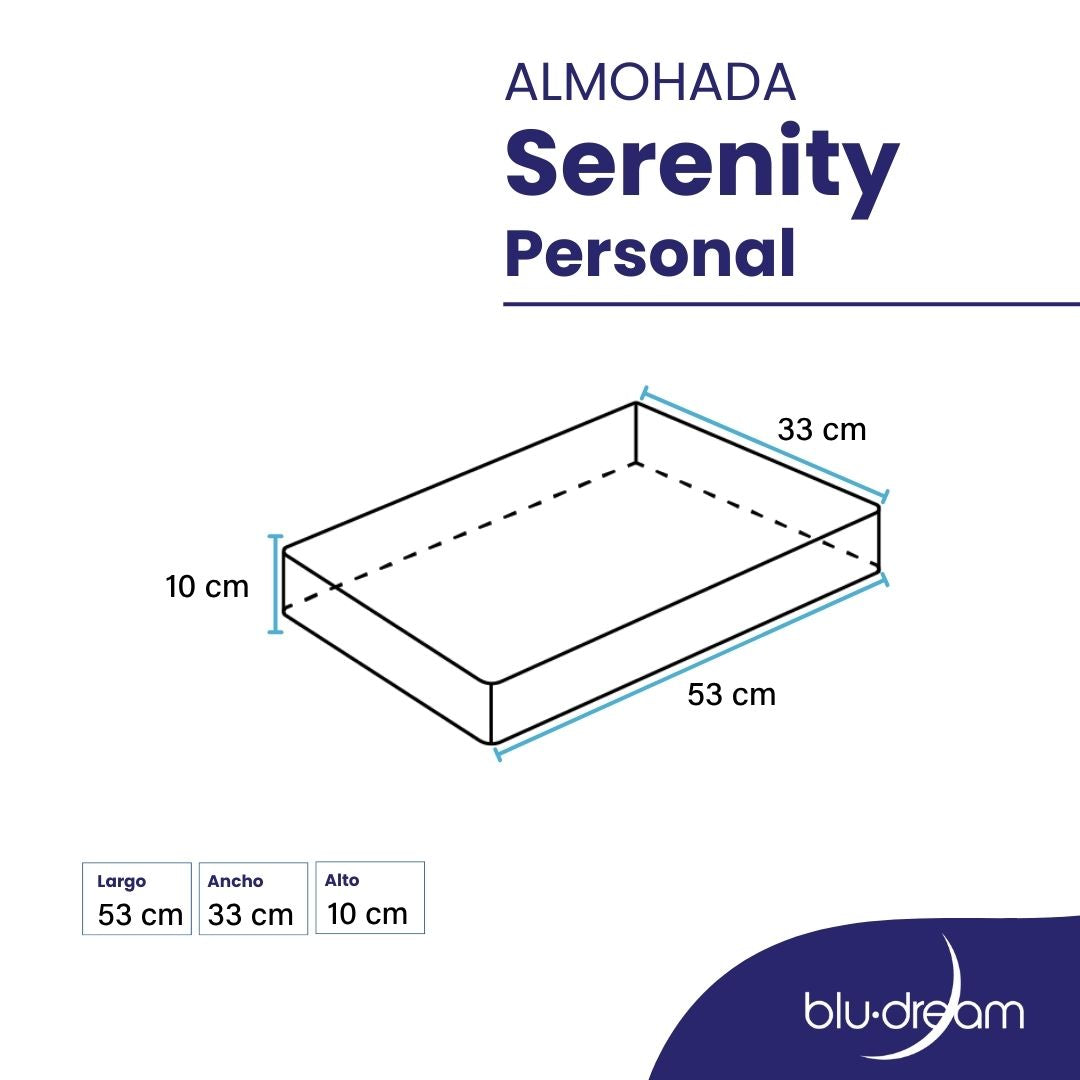 Nuestro tamaño Travel Friendly. La Almohada BluDream Personal contiene memory foam y tecnología Fresh+, para viaje o uso diario. Medidas: 53x33x10cm.