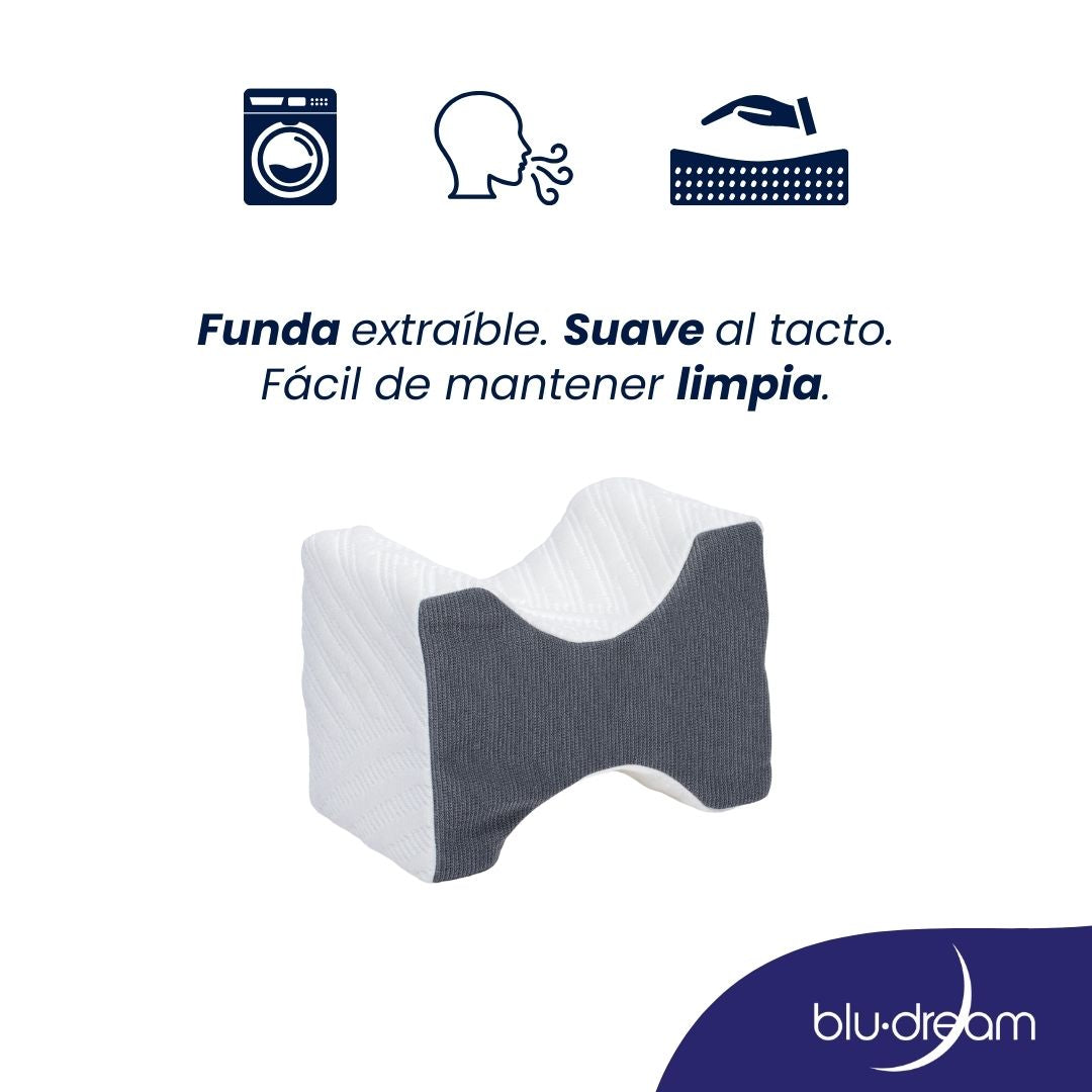 Almohada BluDream para rodillas, diseño ergonómico de TechFoam para alineación y confort al dormir, alinea caderas y columna, reduce presión en rodillas, funda extraíble, fácil de limpiar.