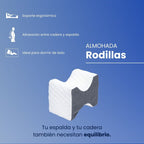 Almohada BluDream para rodillas, diseño ergonómico de TechFoam para alineación y confort al dormir, alinea caderas y columna, reduce presión en rodillas, tu espalda y tu cadera necesitan equilibrio.