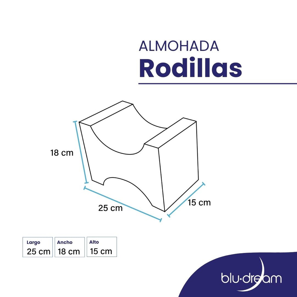 Almohada BluDream para rodillas, diseño ergonómico de TechFoam para alineación y confort al dormir, alinea caderas y columna, reduce presión en rodillas, medidas.