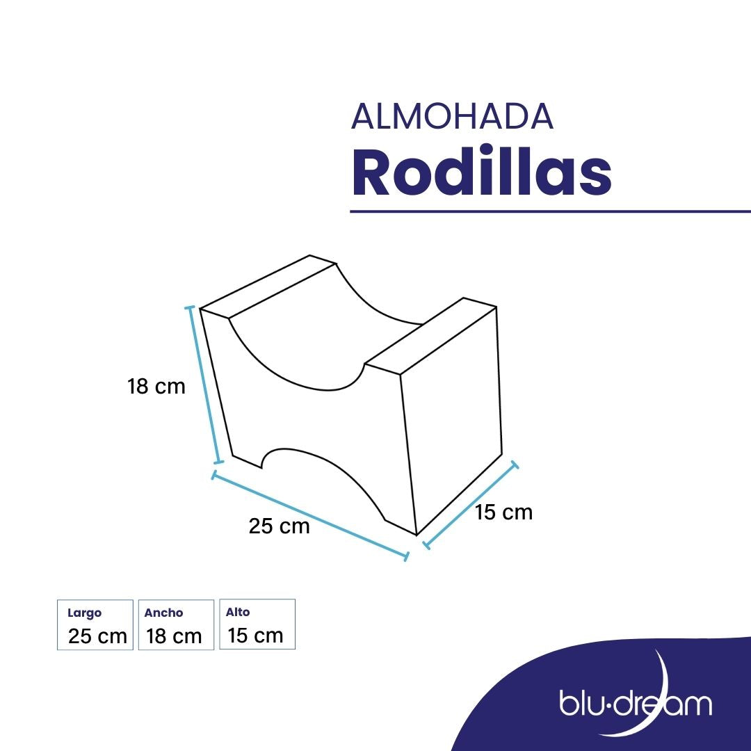 Almohada BluDream para rodillas, diseño ergonómico de TechFoam para alineación y confort al dormir, alinea caderas y columna, reduce presión en rodillas, medidas.