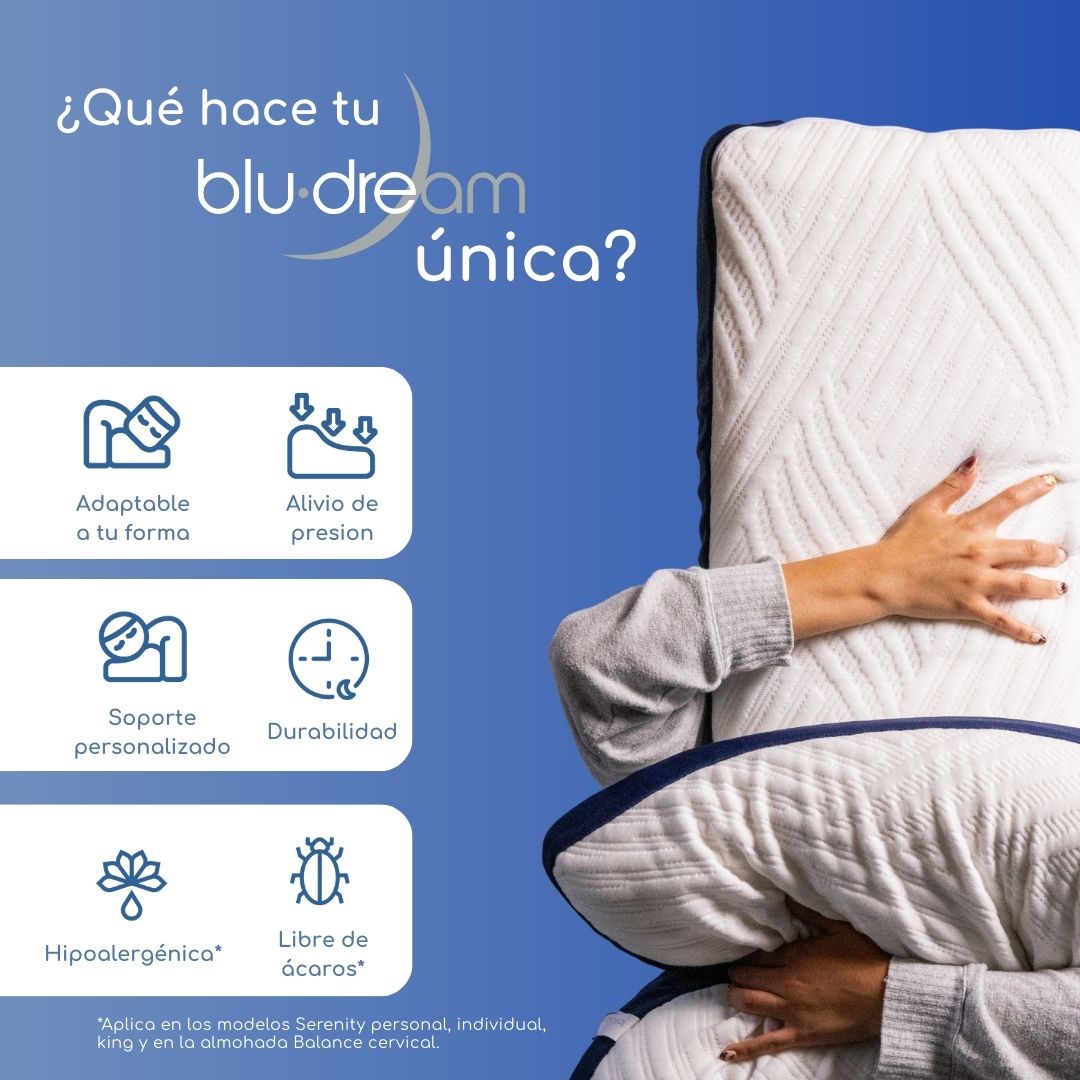 Almohada BluDream para rodillas, diseño ergonómico de TechFoam para alineación y confort al dormir, alinea caderas y columna, hipoalergénica.