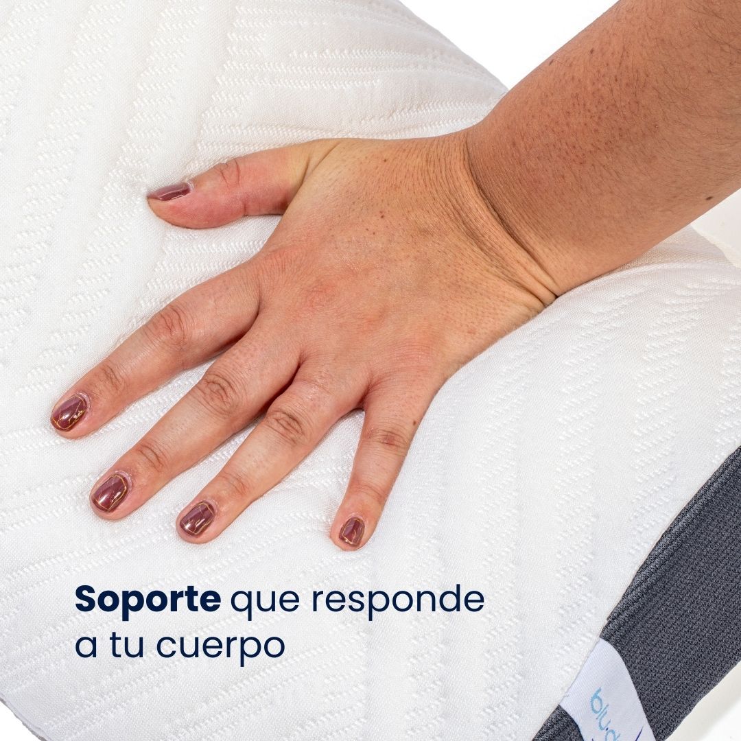 Almohada BluDream para rodillas, diseño ergonómico de TechFoam para alineación y confort al dormir, alinea caderas y columna, reduce presión en rodillas, soporte que responde a tu cuerpo.